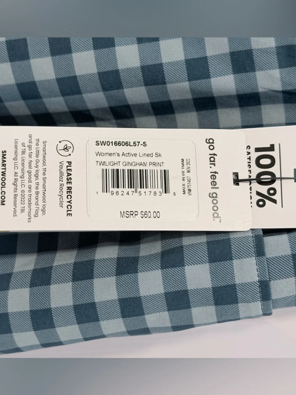 NWT Smartwool Women's Active Lined Skirt Skort in Twilight Gingham Blue
